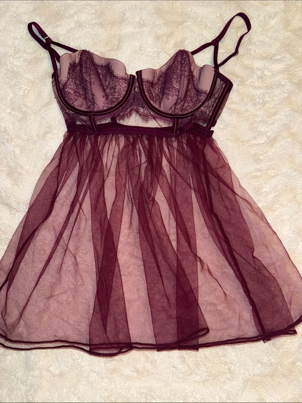 Victoria's Secret Burgundy Sheer Lace Babydoll Chemise